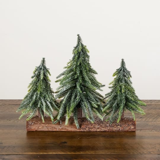Nearly Natural 11" Unlit Artificial Snowed Downswept Christmas Tree Trio in Rustic Wooden Log Base